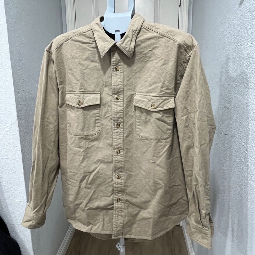 Eddie Bauer Shirt Mens L Khaki Tan Needlecord Thick Cotton Long Sleeve Button Up